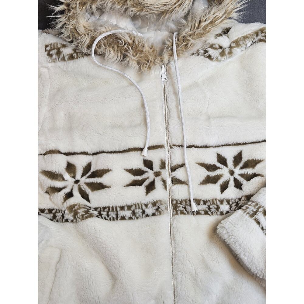 Vintage Jacket Coat Womens Medium - Large White Snowflake Faux Fur With Hood - Picture 2 of 9